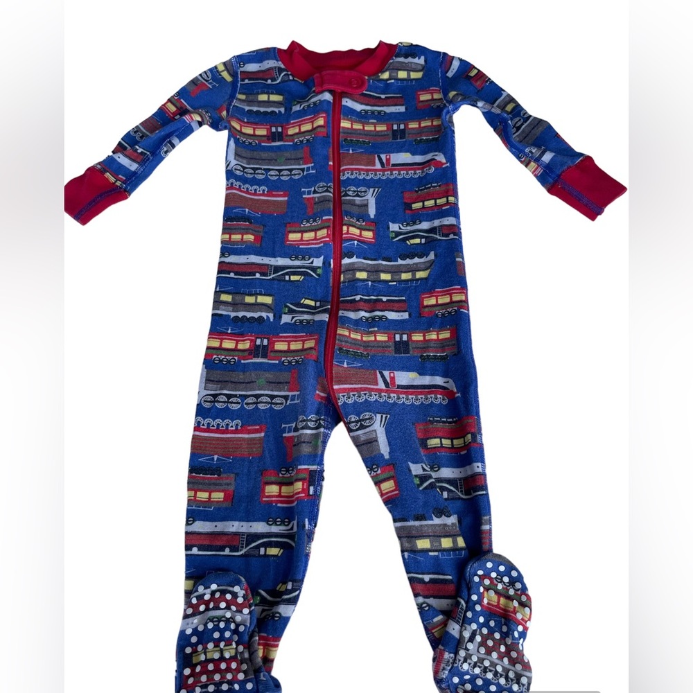 Hanna Andersson infant 6-12 Months blue train themed footie Pj